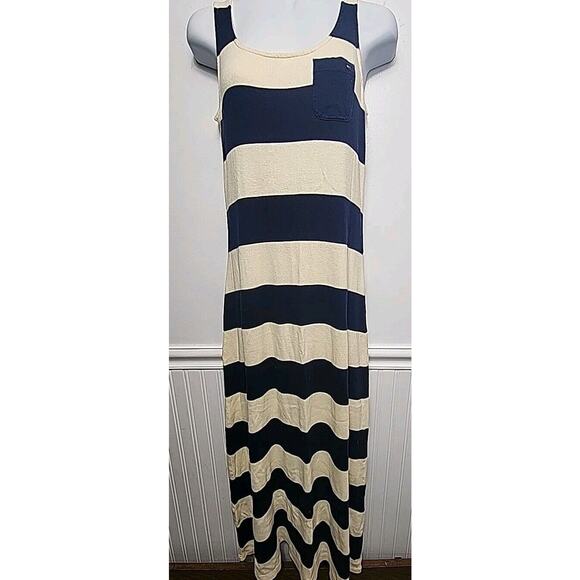 Tommy Hilfiger Tank Dress M Blue Cream Logo Stripe Nautical Maxi Stretch Knit - Picture 1 of 9